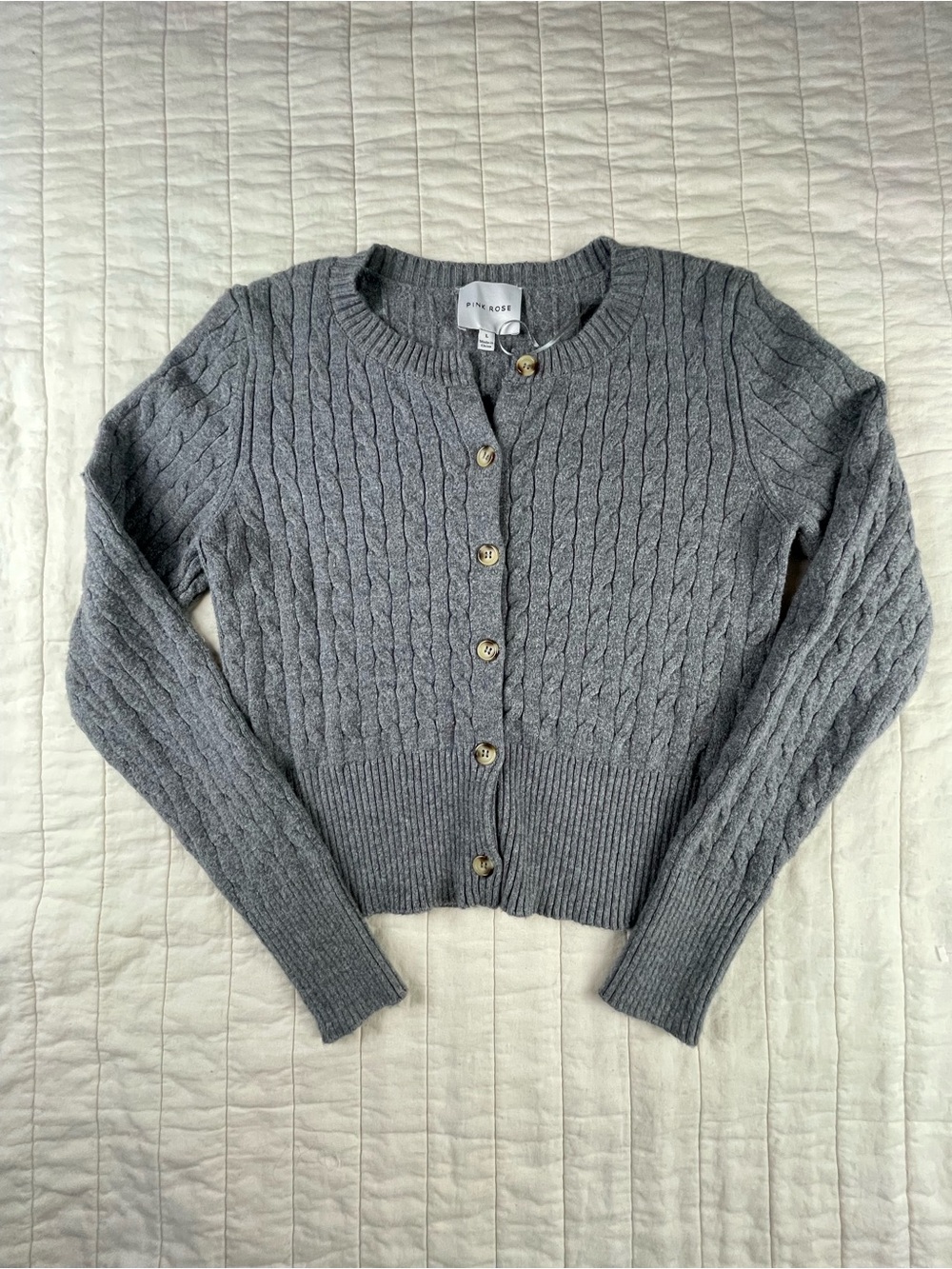 Pink Rose Cropped Length Gray soft Cable Knit Button Cardigan Large
